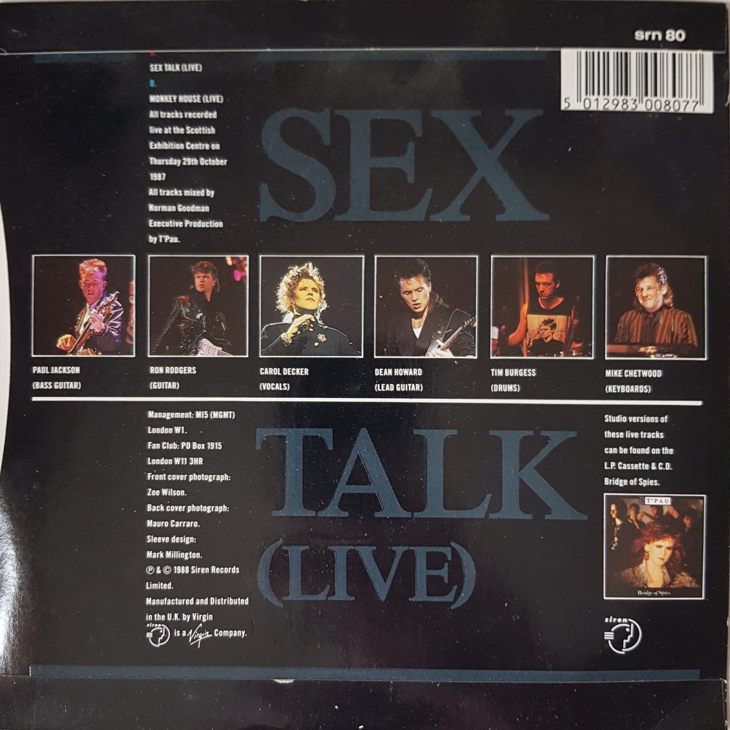 T'Pau: Sex Talk (Live) 7" Single (NM/EX)